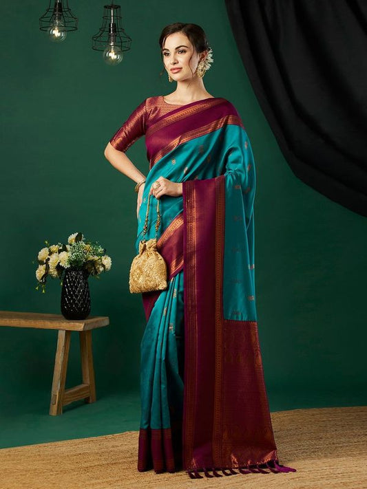 Aqua Blue Banarasi Silk Wevon Jari Designer Heavy Looks Glamorous Ceremonial Saree