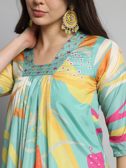 Green Viscose Silk Blend A-Line Kurta