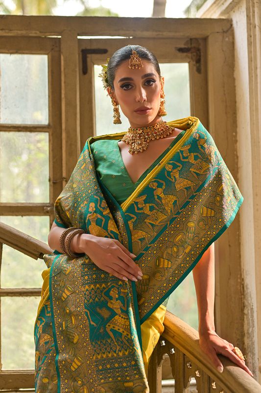 Lemon-Yellow All Over Kalamkari Zari Woven Design With Kalamkasri Zari Woven Pallu Saree