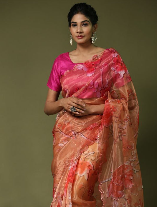 Orange Designer Digital Printed & Sequance Work Organza Saree