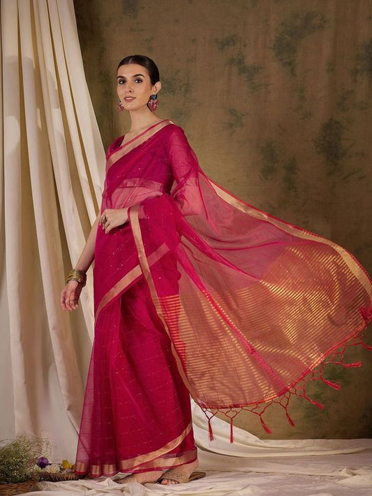 Pink Wevon Jari Pallu Border Designer & Sequance Lining Work Organza Silk Saree