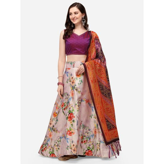 Digital Print Satin Silk Fabric Stitched Lehenga Choli With Jequared Blouse and Assami Silk Thread Work Dupatta For Women and Girls In Festive Party And Traditional Wear