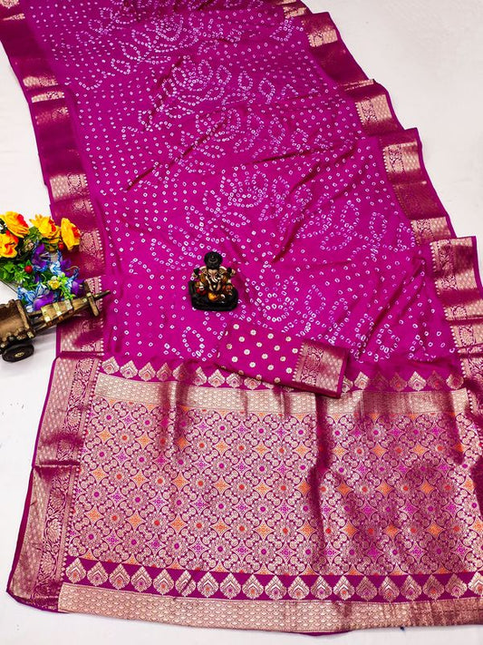 Pink Wevon Designer & Hand Bandhej Dola Silk Saree