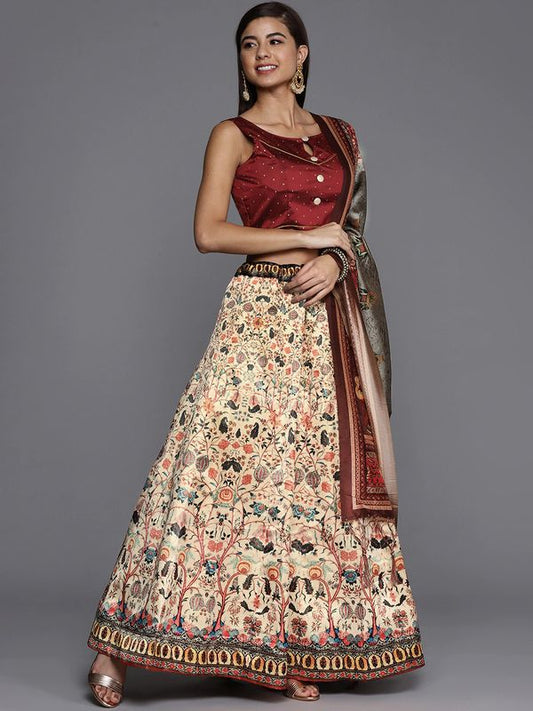 Bandhni Patola Type Digital Print Shiney Satin Croptop Lehenga Choli With Blouse For Women and Girls