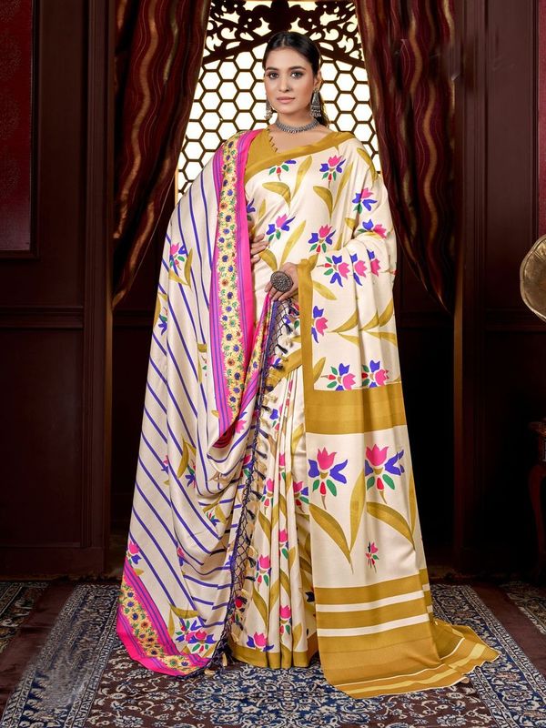 Mustard Color Beautiful Designer Digital Printed Pashmina Saree With Shawl