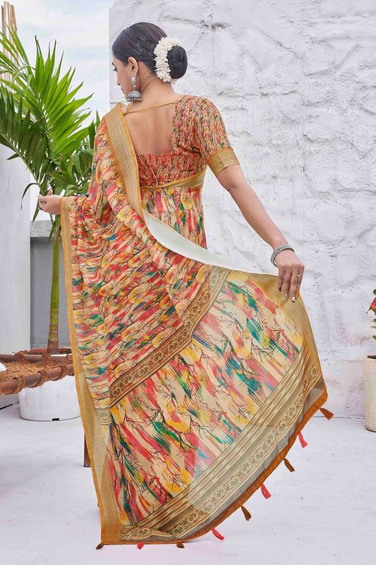 Mustard Color Beautiful Fashinove Looks Smart Printed Linen Blend Saree