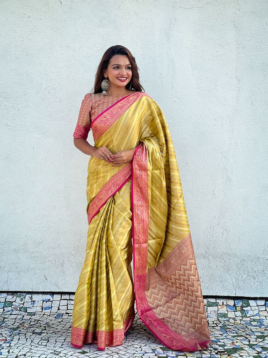 Yellow Wevon Laheriya Designer Jari Tissue Saree