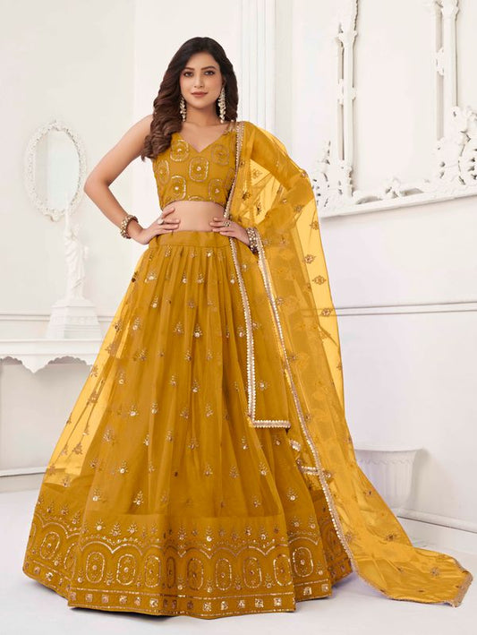 Mustard Yellow Color Net Fabric Lehenga Choli With Sequins And Thread Embroidery Work