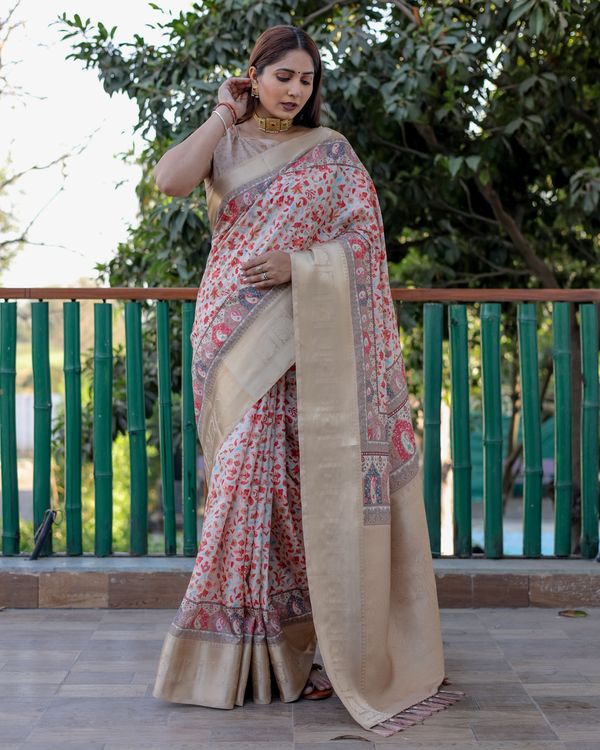 Beige Pashmina Wevon Designer Heavy Looks Saree With Digital Printed