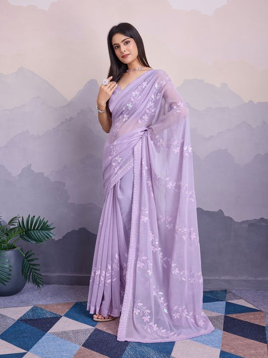 Lavender Shimmer Chiffon Designer Sequance Embroidery Work Heavy Partywear Trendy Fashion Saree