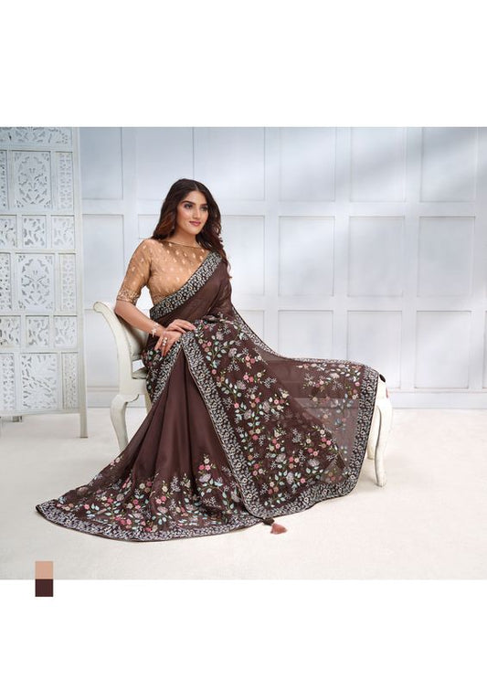 Brown Sequence Embroidered & Stone work Two Tone Georgette Silk Saree