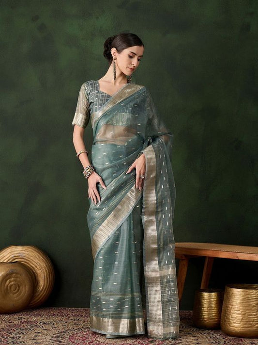 Wevon Jacquard Designer Green Color Khadi Organza Festive Saree