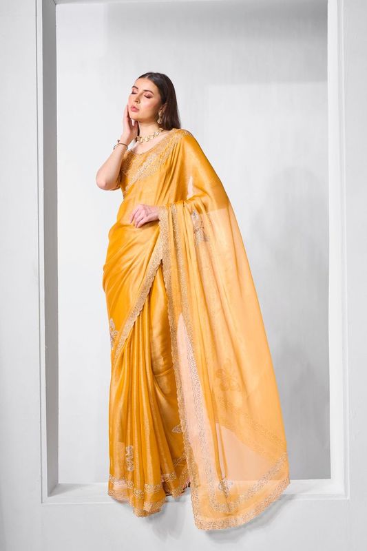 Yellow Swarovski Designer Work Burburry Saree