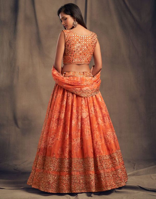 Orange Women's Organza Embroidery Lehenga Choli