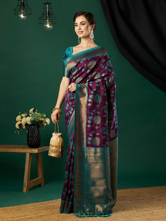 Wine Wevon Jari Designer Banarasi Silk Saree