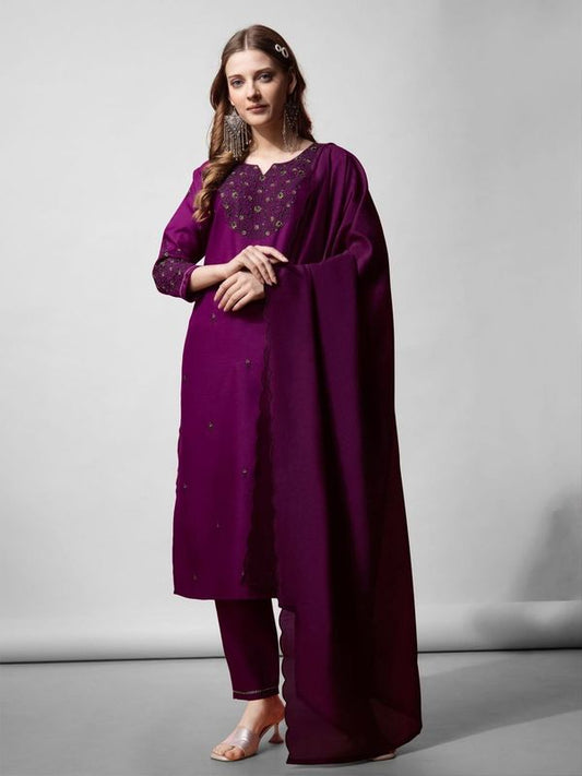 Purple Color Cotton Blend Readymade Dress With Designer Embroidery Work