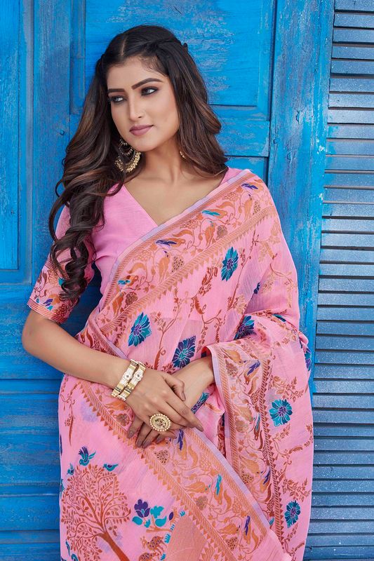 Pink Color Wevon Jacquard Designer Linen Fabric Graceful Saree