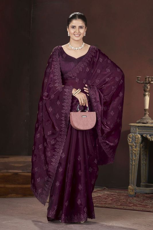 Magenta Sequance & Thread Embroidery Work Jimmy Choo Saree