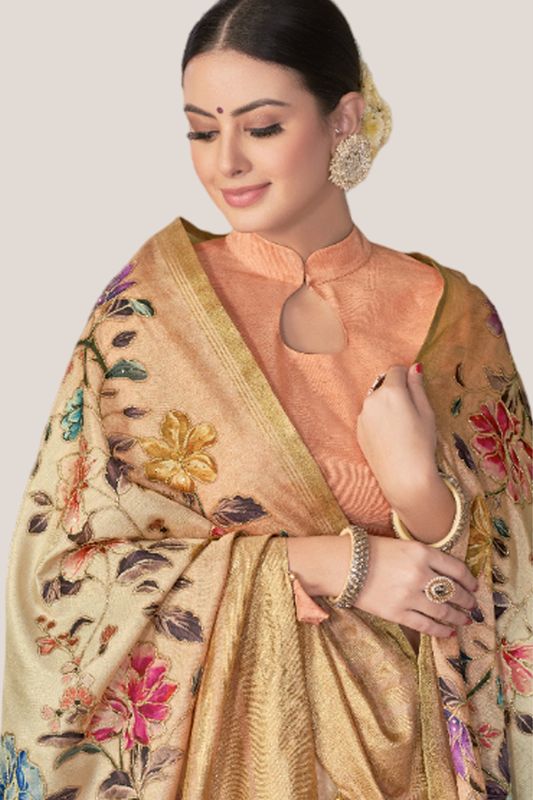 Beige Rangkat Tussar Silk Floral Printed With Sequence Embroidery Work Heavy Wedding Ceremony Wear Saree