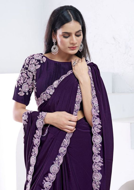 Purple Sequence Embroidery & Moti Work Crepe Silk Saree