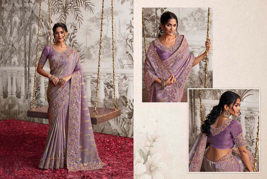 Dusty Levender Heavy Designer Embroidery Work Dola Viscose Silk Saree