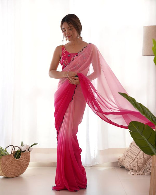 Pink Faux Georgette Bollywood Style Padding Color Saree With Beautiful Embroidery Work