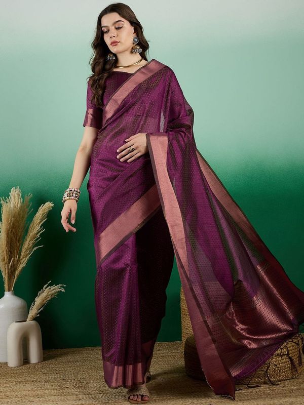 Wine Wevon Designer Khadi Organza Saree