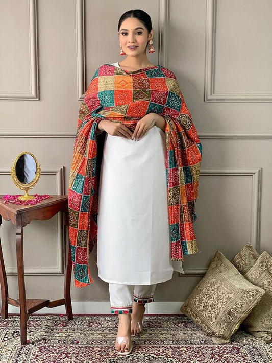 Women Embroidered Straight Kurta with Pant And Printed Dupatta Sets