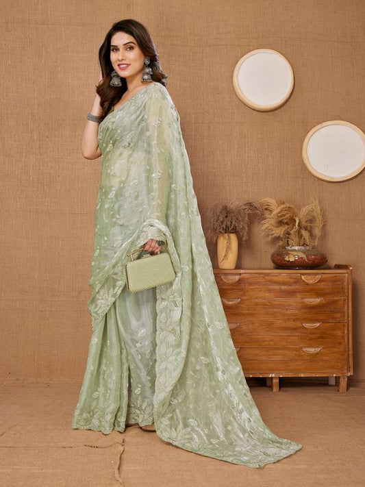 Pista Designer Sequance Embroidery Work Burberry Saree