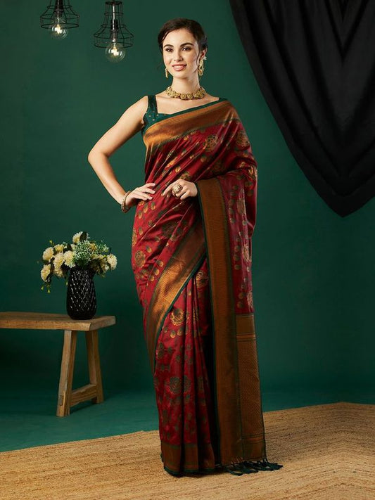 Maroon Color Ethnic Banarasi Silk Saree With Floral Woven Designer Looks