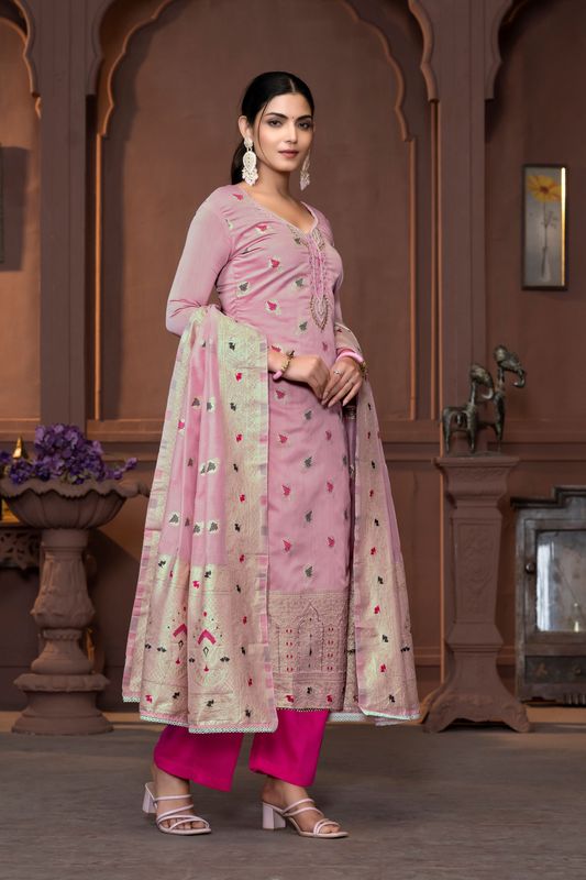 Pink Muslin Wevon Designer With Hand Work Ethnic Designer Salwar Kameez