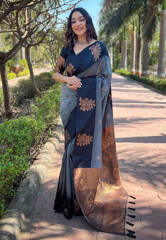 Grey Soft Silk Weaving Jari Designer Graceful Ceremonial Saree