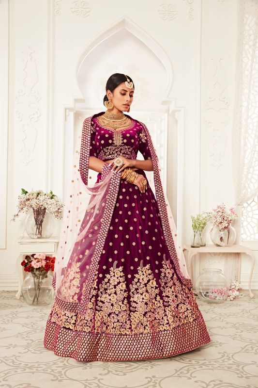 Purple Women's Velvet Embroidery Lehenga Choli