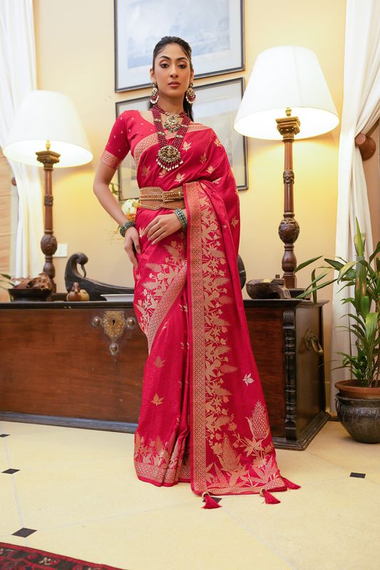 Dark Pink Zari Woven Satin Silk Saree