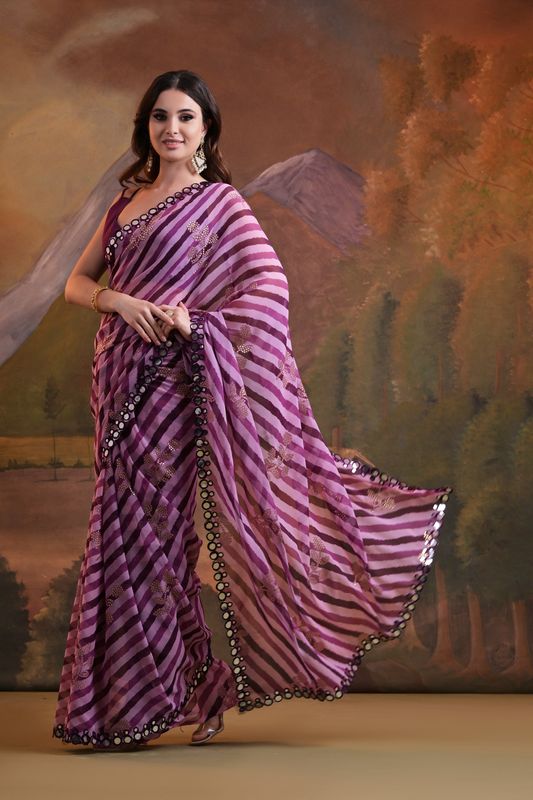 Wine Laheriya Printed & Foil & Mirror Work Georgette Saree