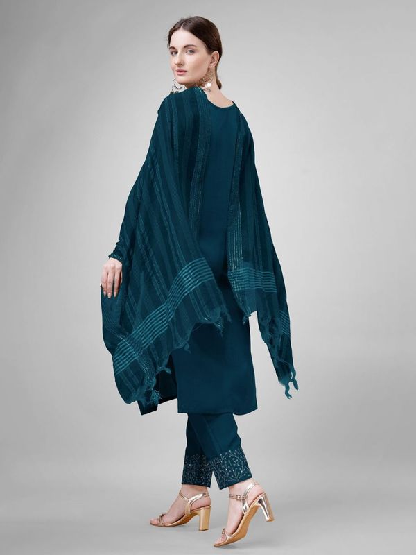 Teal Blue Cotton Blend Ethnc Formal Looks Stitched Salwar Kameez