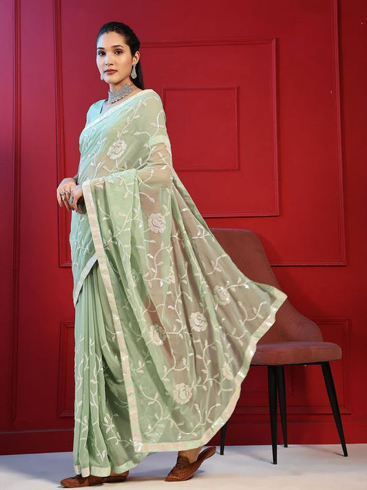 Pista Green Designer Sequance Embroidery Work Georgette Saree