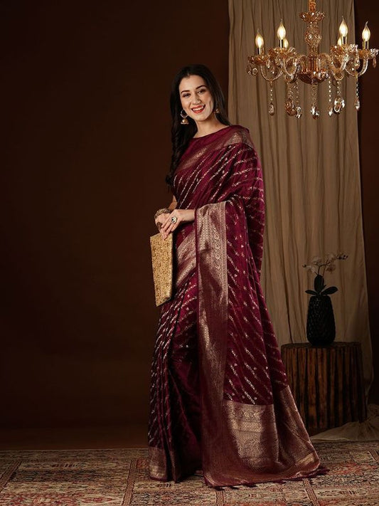 Maroon Wevon Jacquard Designer Satin Silk Saree