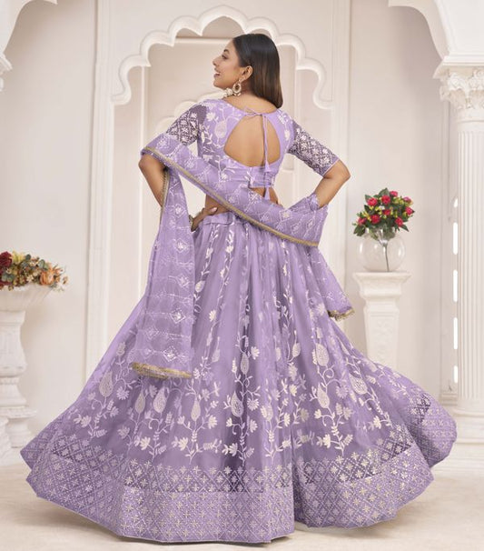 Light-Lavender Embroidered Net  Stitched Lehenga