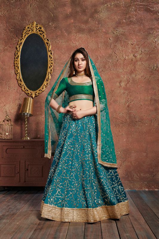 Turquoise Women's Art Silk Embroidery Lehenga Choli