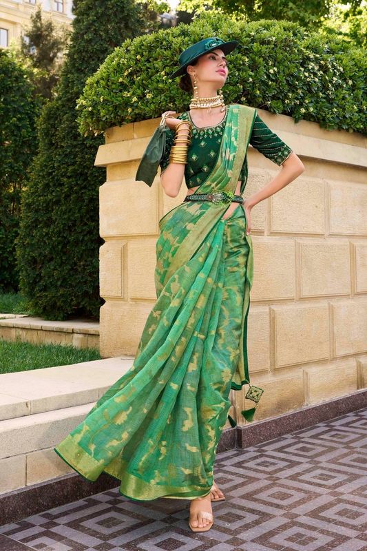 Green Wevon Designer & Embroidery Work Jacquard Silk Saree