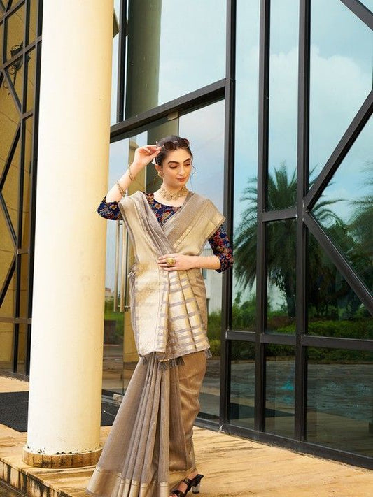 Brown Khadi Striped Saree and Stitched Multi Blouse