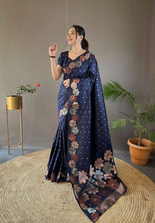 Blue Weaving Jacquard Jari Designer Soft Silk Saree