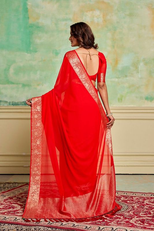 Red Crepe Woven Saree and Stitched Red Blouse