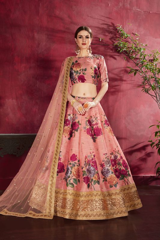 Peach Women's Heavy Banglori Silk Embroidery Lehenga Choli