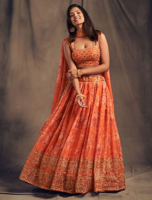 Orange Women's Organza Embroidery Lehenga Choli