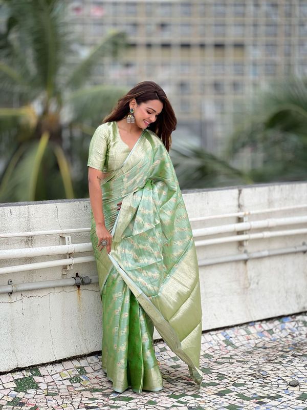 Green Color Tissue Silk Saree With Weaving Jari Meenakari Designer Looks