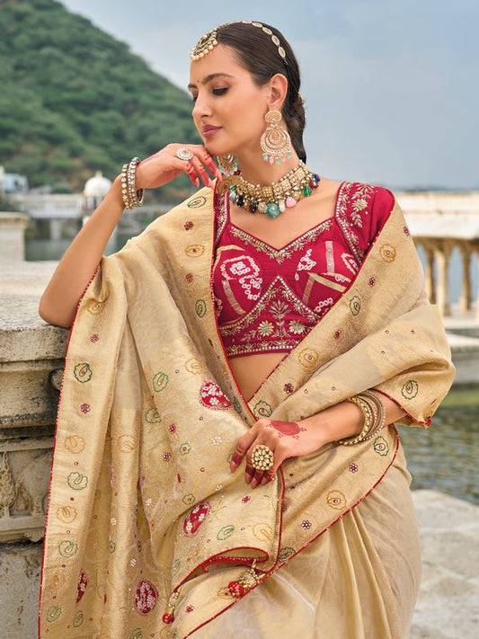 Beige Heavy Designer Jardoshi & Cut Dana & Moti Work Kanjivaram Silk Saree