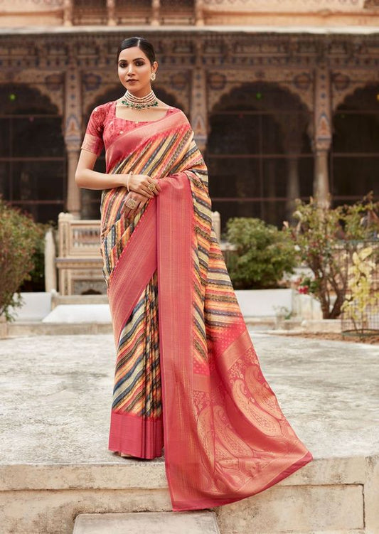 Pink Weaving Border Designer & Digital Printed Tissue Silk Saree