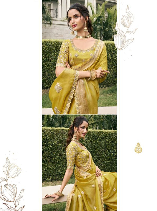 Lemon Yellow Wevon Jacquard Designer Embroidery Work Viscose Tissue Saree